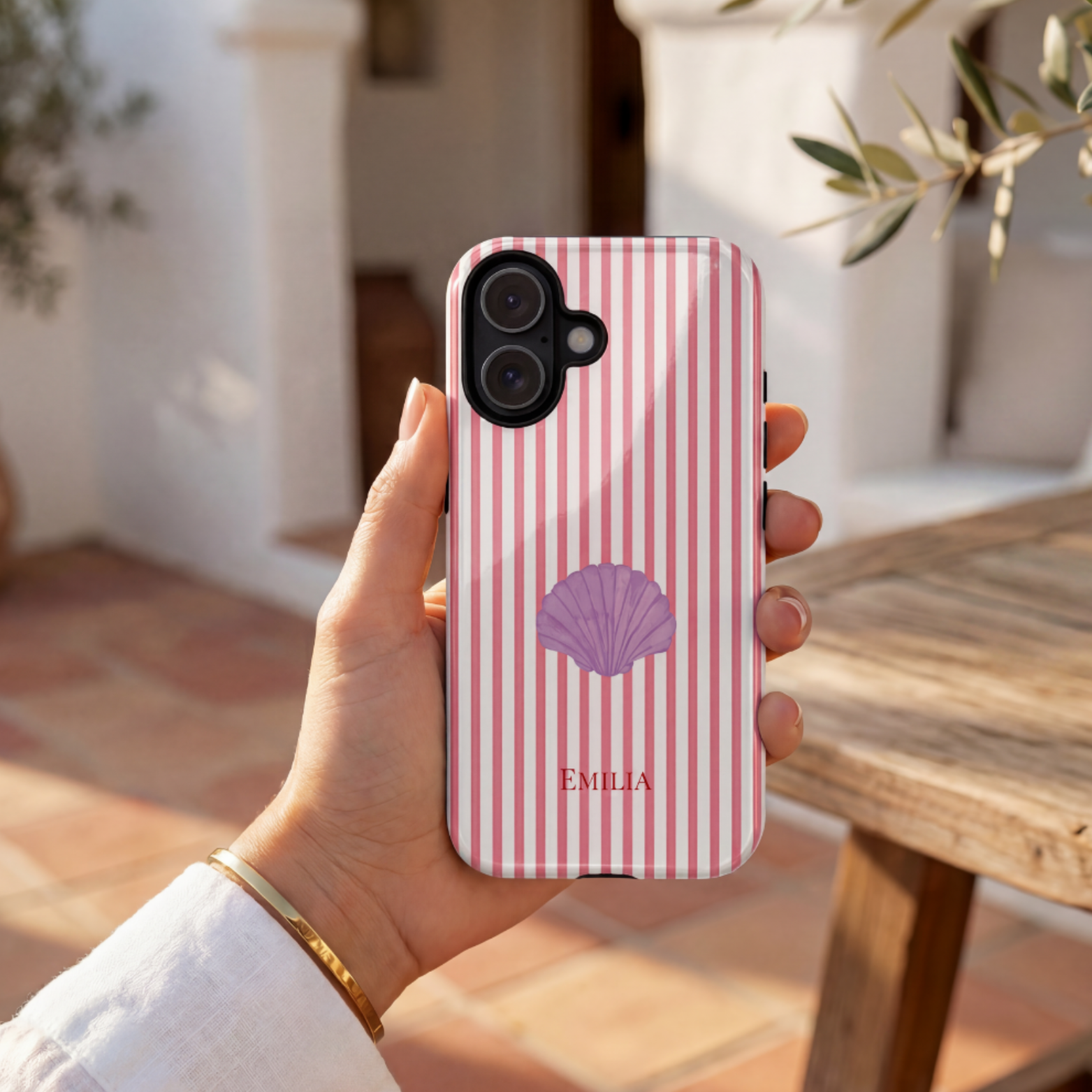 SHELL PINK STRIPES – Personalisierte Handyhülle mit Dual-Layer-Schutz
